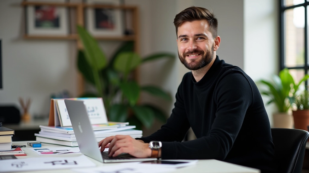 Designer die aan scherm werkt met typografie samples en kleurenpalet