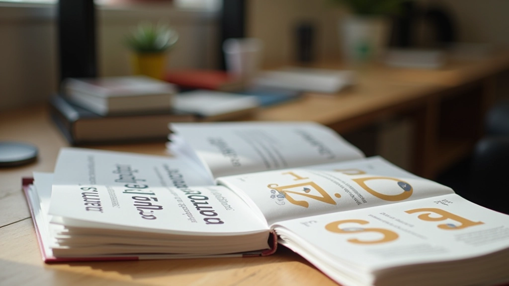 Typografieboeken en referentiemateriaal gestapeld op een bureau met notitieblok